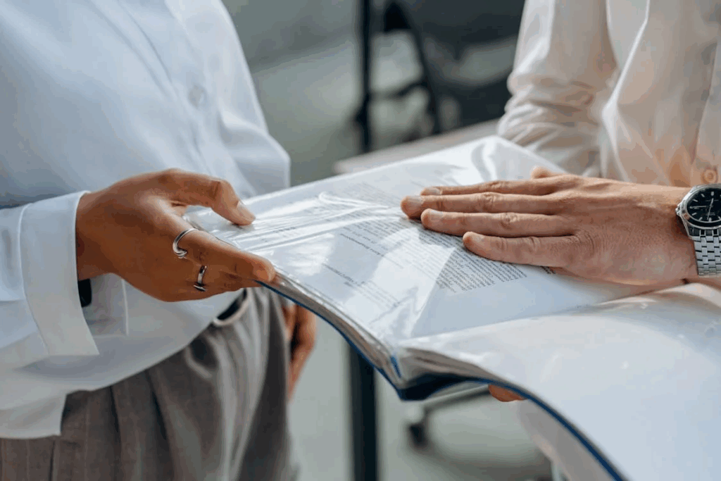 Group of people reviewing official documents and notes during a discussion.