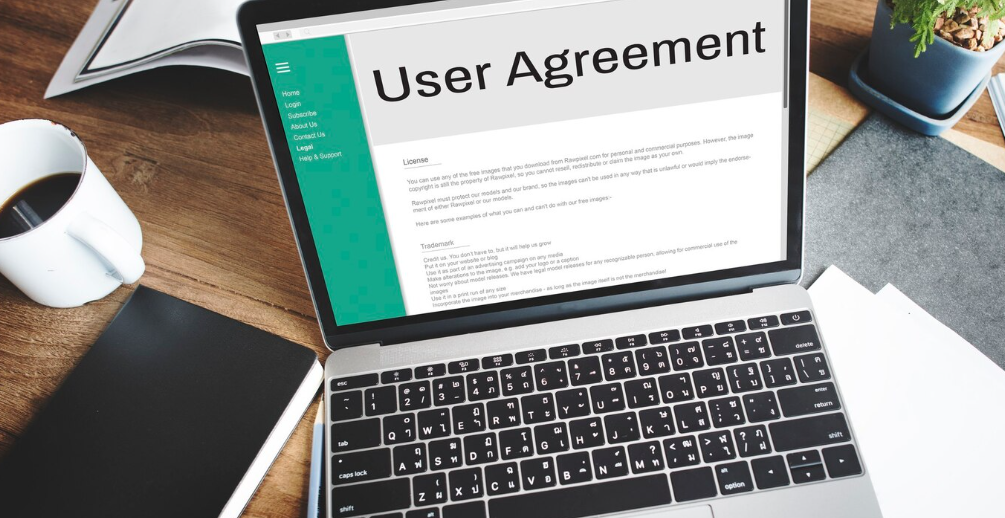 Professional translator reviewing a user agreement document on a laptop for accurate multilingual translation.